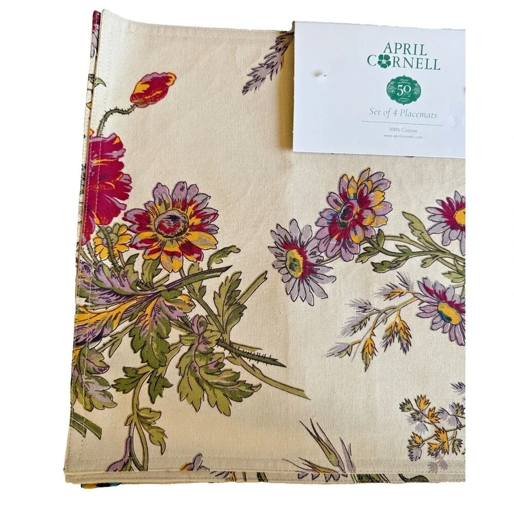 April Cornell Placemats Wildflower Beige Set of 4 100% Cotton 14x19 Thanksgiving